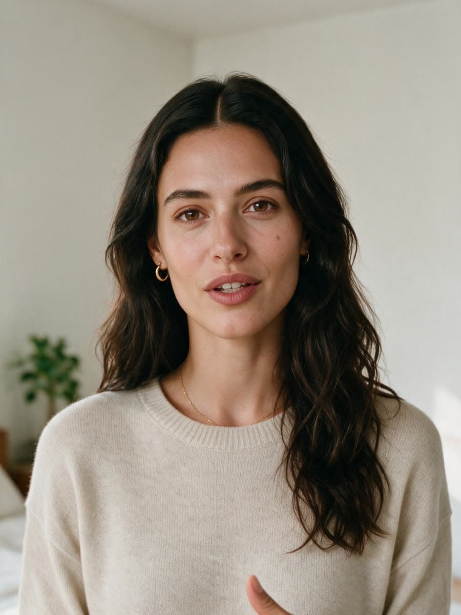 The same AI influencer talking to camera mid-sentence with one hand raised, vertical Reel framing
