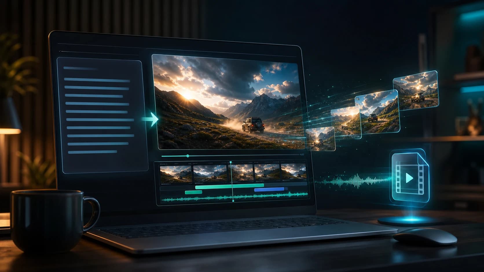 A text prompt transforming into cinematic AI video frames with timeline and audio waveform