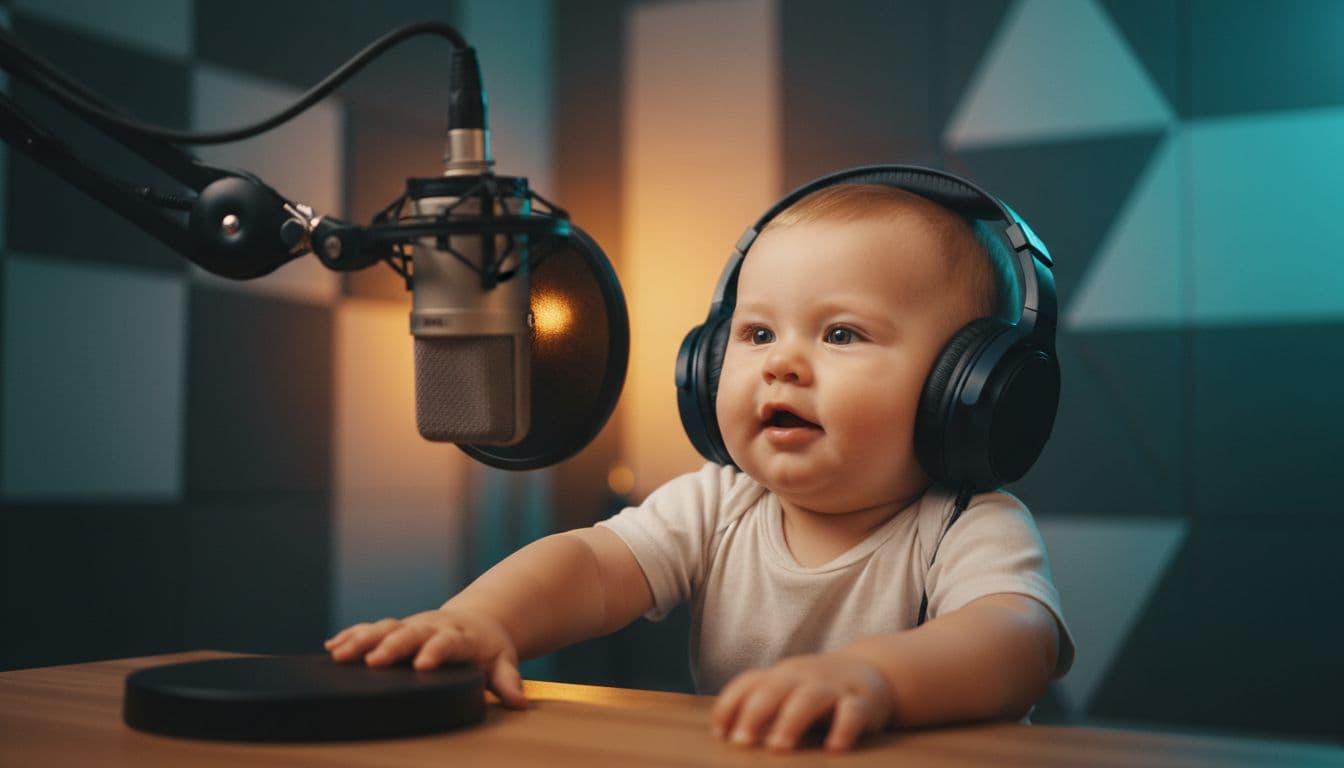 A baby wearing oversized studio headphones in front of a podcast microphone in a cozy studio
