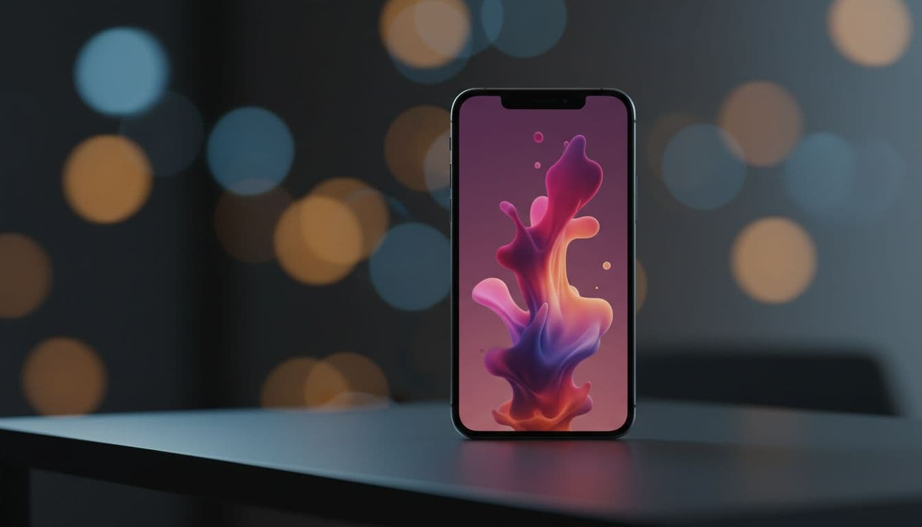 A smartphone standing upright showing a vertical video, surrounded by soft colorful gradient light on a clean desk