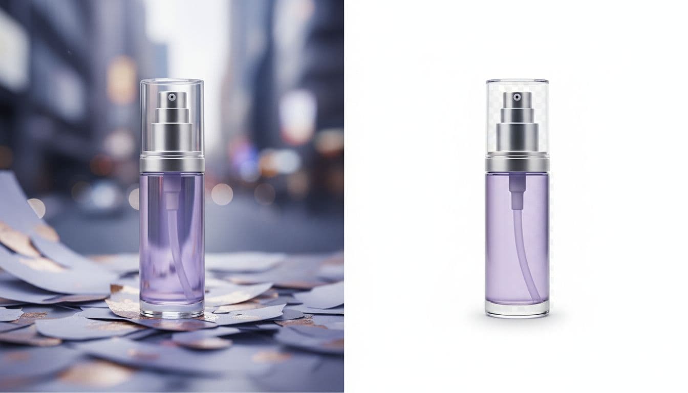 A single product photo with its cluttered background replaced by a clean white studio scene
